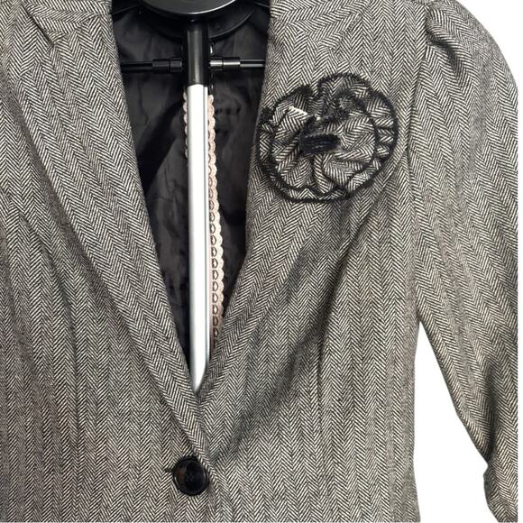 Stooshy Blazer Womens Medium Herringbone Gray Black 3/4 Puff Sleeve Button Y2K - Picture 6 of 7